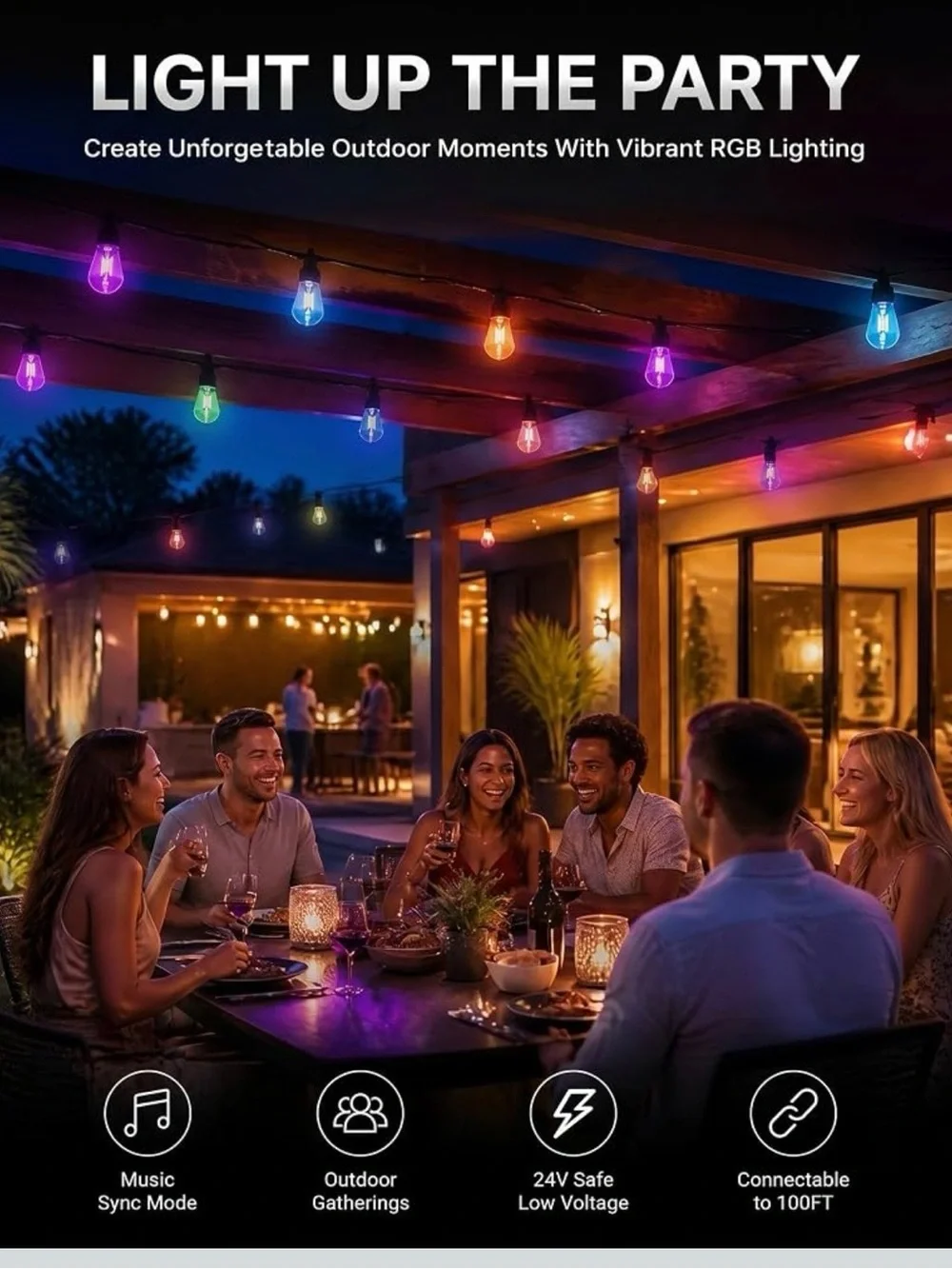 Outdoor string lights, 50FT RHBW color changing patio lights with remote and APP